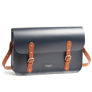
            
                Load image into Gallery viewer, Navy and brown brompton compatible cycle bag with shoulder strap
            
        