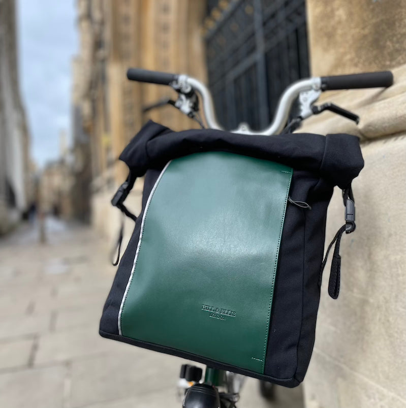 
            
                Load image into Gallery viewer, Brompton bike rucksack on brompton
            
        